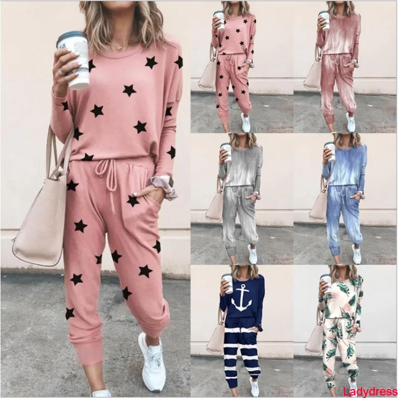 2020 Women Long Sleeve 2 PCS Tracksuit Set Casual Print O Neck Loose Tops Drawstring Elastic Waist Pant Ladies Home Pajamas | Женская