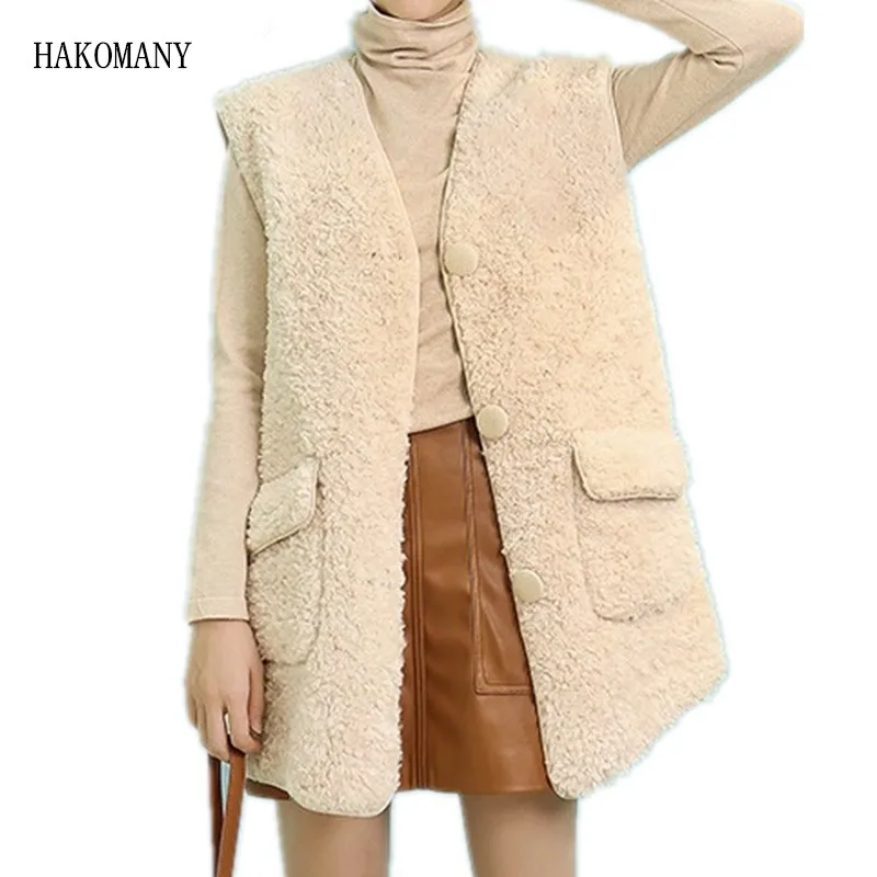 Winter V neck Hairy Shaggy Faux Fur Teddy Sleeveless Coat Mid long Vest Women Pockets Fur Waistcoat Outwear