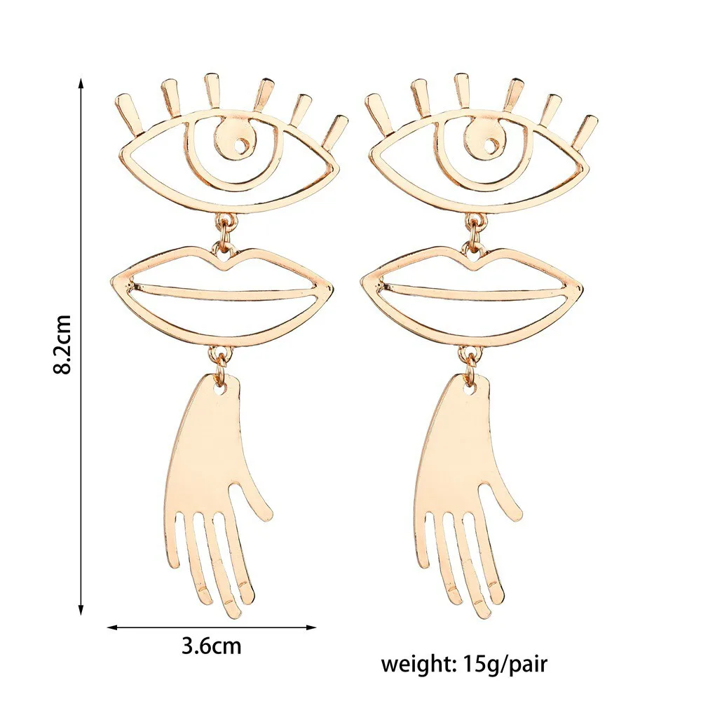 European and American fashion jewelry interesting eyes and lips stitching hollow Earrings design weird alloy ear studs (8)