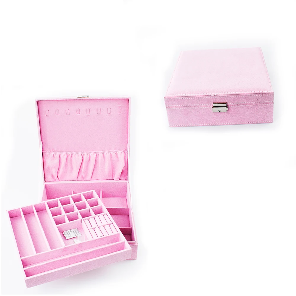 

Pink Two-Layer Lint Jewelry Box Organizer Display Storage Case with Lock