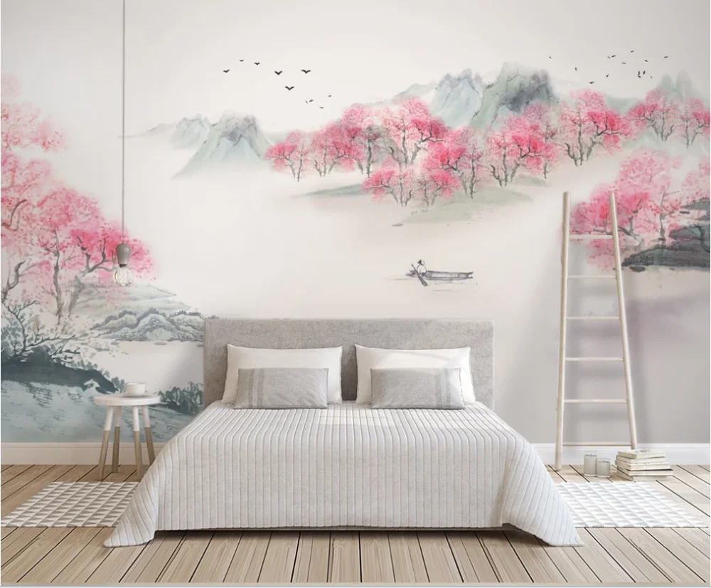 

Custom mural wallpaper new Chinese ink landscape Sansheng III ten miles peach blossom TV background wall