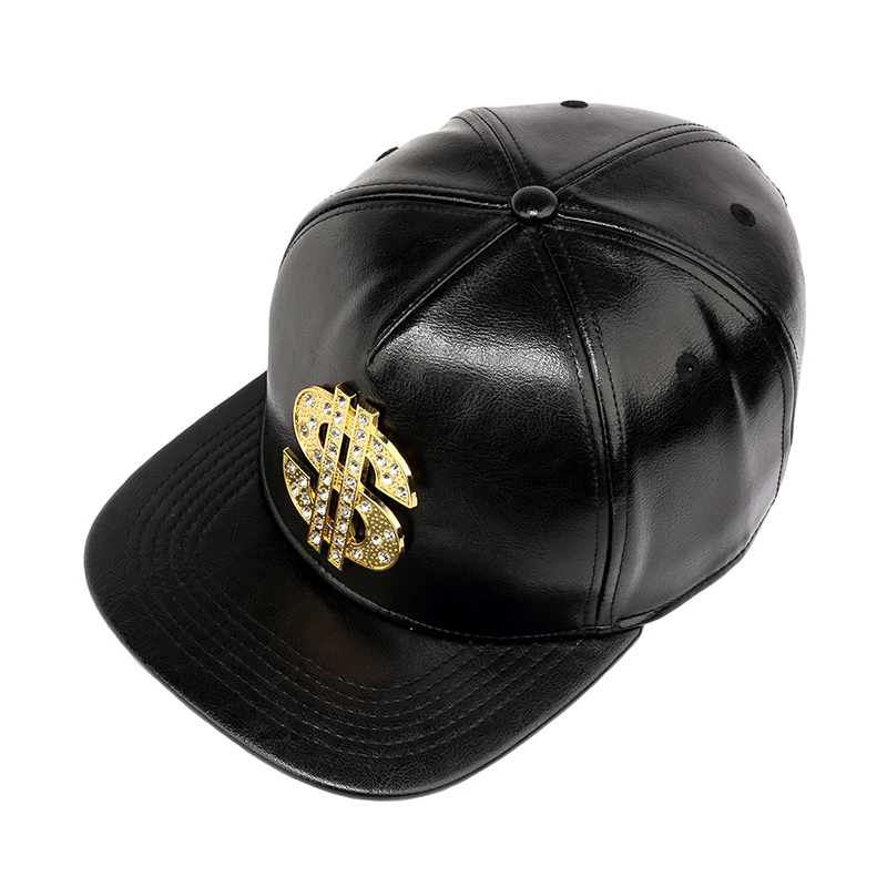 5 Panel Cap Black Rhinestone US Dollar Baseball PU Leather Cap Flat Brimmed Belt Buckle Adjustable Hip Hop Men Hats Luxury Cap