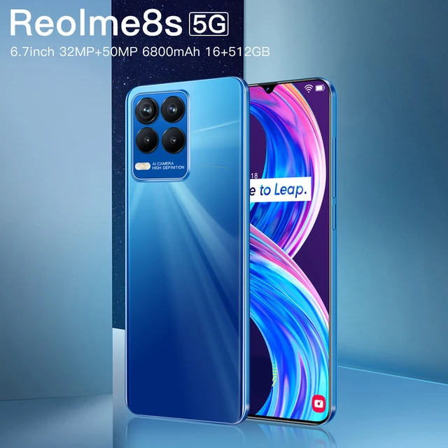 Reolme8s 5G smartphone 16GB+512GB 6.7-inch water drop screen 6800mAh phone Android 11 gaming phone Blue