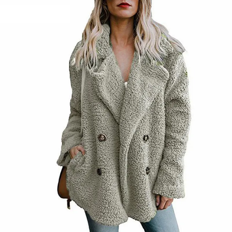 Плюшевое пальто женское зимнее пальто толстые куртки из искусственного меха женские теплые пальто с отворотом с длинным рукавом пушистые удобные с карманами размера плюс - Цвет: grey