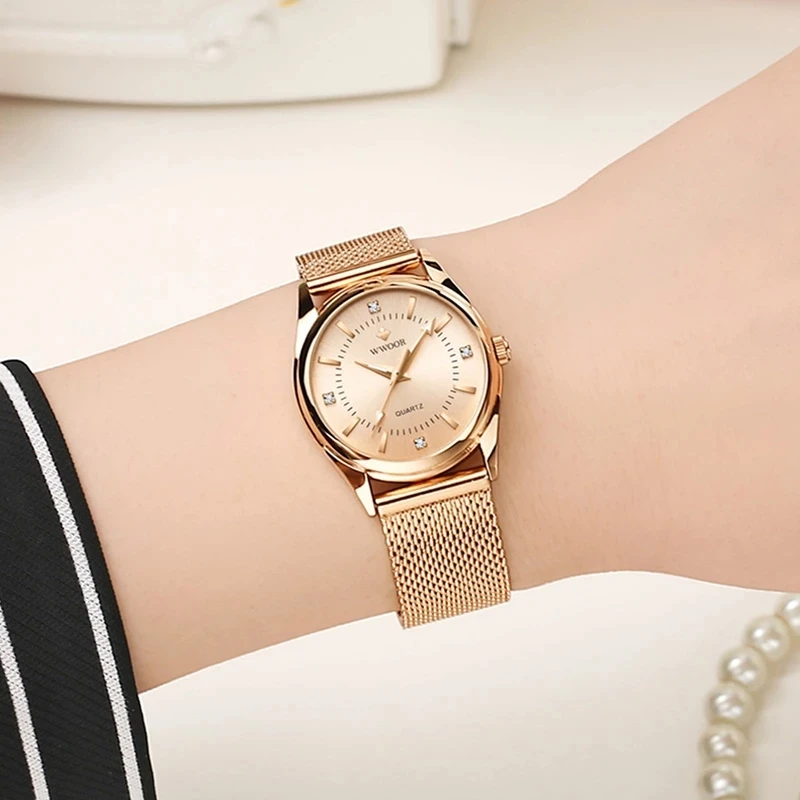 Tanie 2022 WWOOR moda marka panie zegarki luksusowe róża diamentowa złota