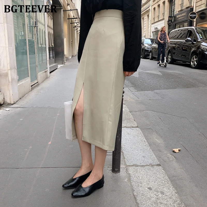BGTEEVER Office Lady Solid Bodycon High Waist Long Pencil Plain Skirt for Women Spring Split Workwear Modern Female Skirts