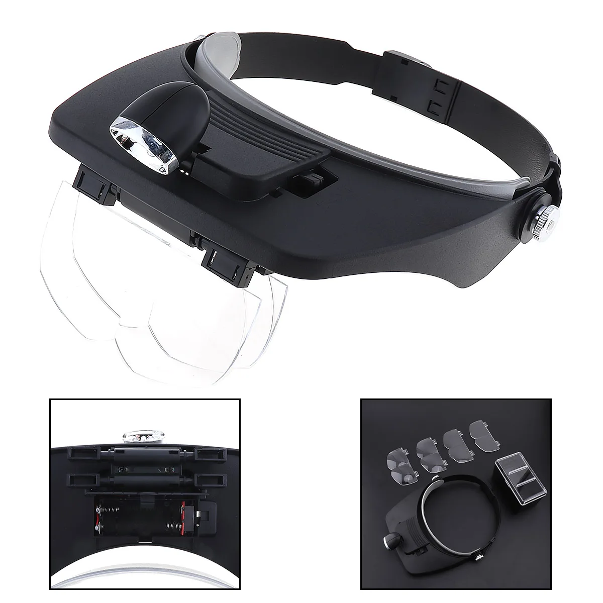

Portable 9X Headband Type Magnifier Magnifying Glass Optical Lens Tool with 4 Lens and LED Light for Jewel Repair/Reading