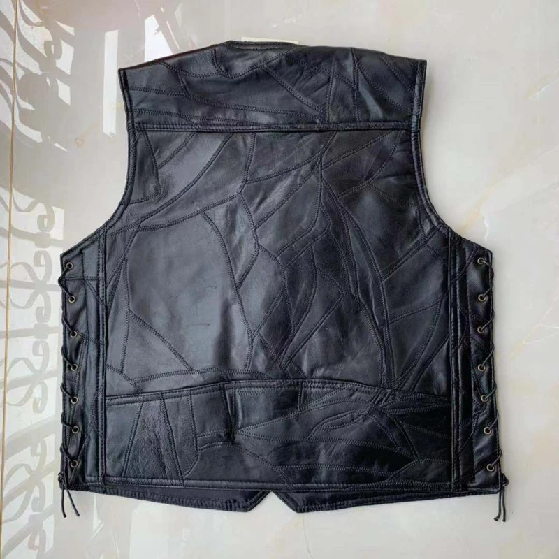 Motorcycle Vest Men's Stitching Sheepskin Leather Waistcoat V-Neck Street Style Cool Motorcycle Jacket Motocross Equipment