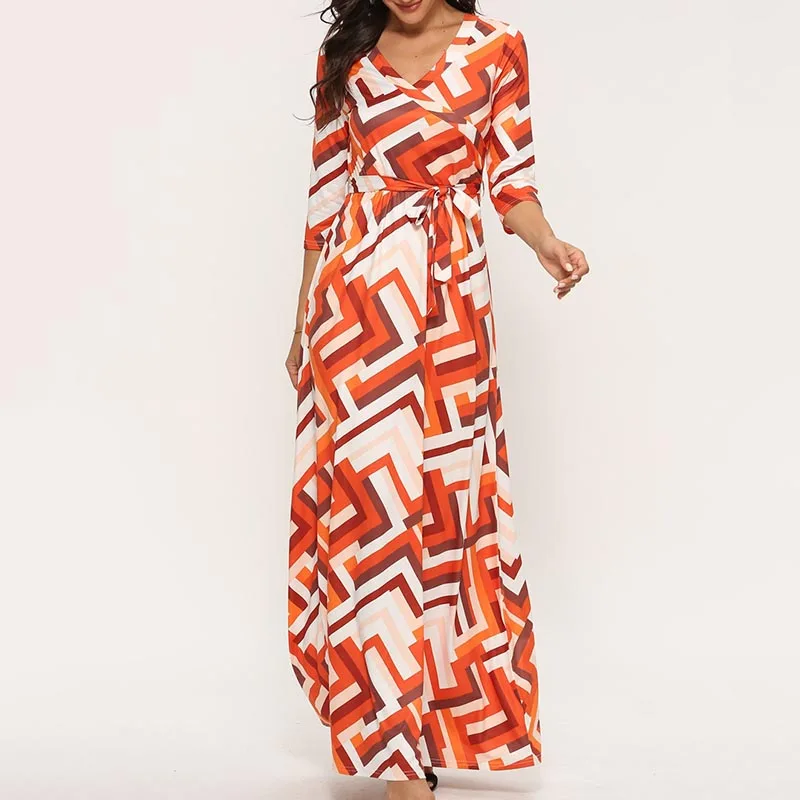 Bohemian Women Long Dress Lace Up High Waist Clubwear Vestidos With Sashes V-Neck Three Quarter Sleeve Long Maxi Dress - Цвет: Многоцветный