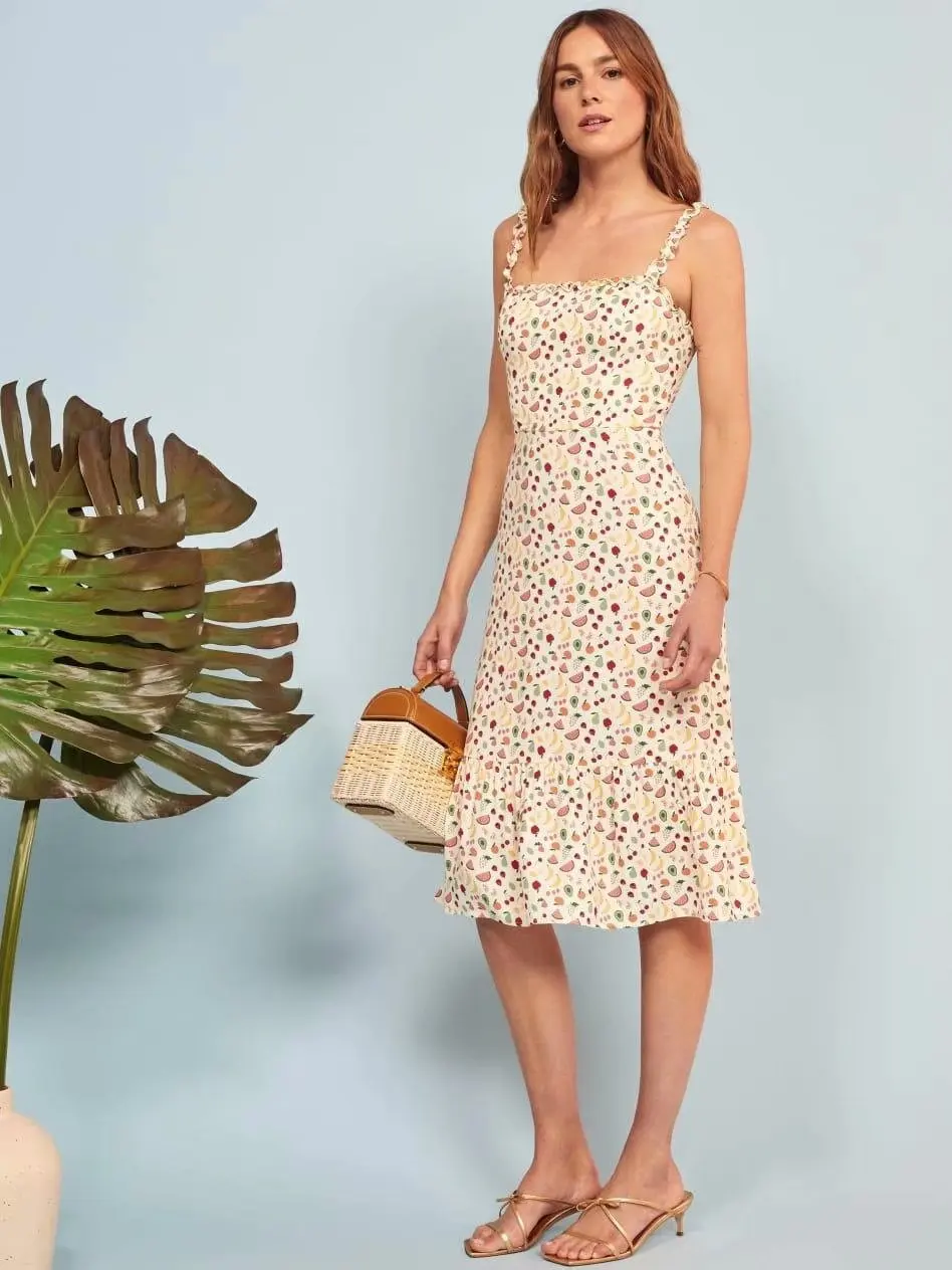 

Europe And America 2019 Summer New Style French Square Collar Cute Fruit Printed Strapped Dress Mid-length Slim Dress