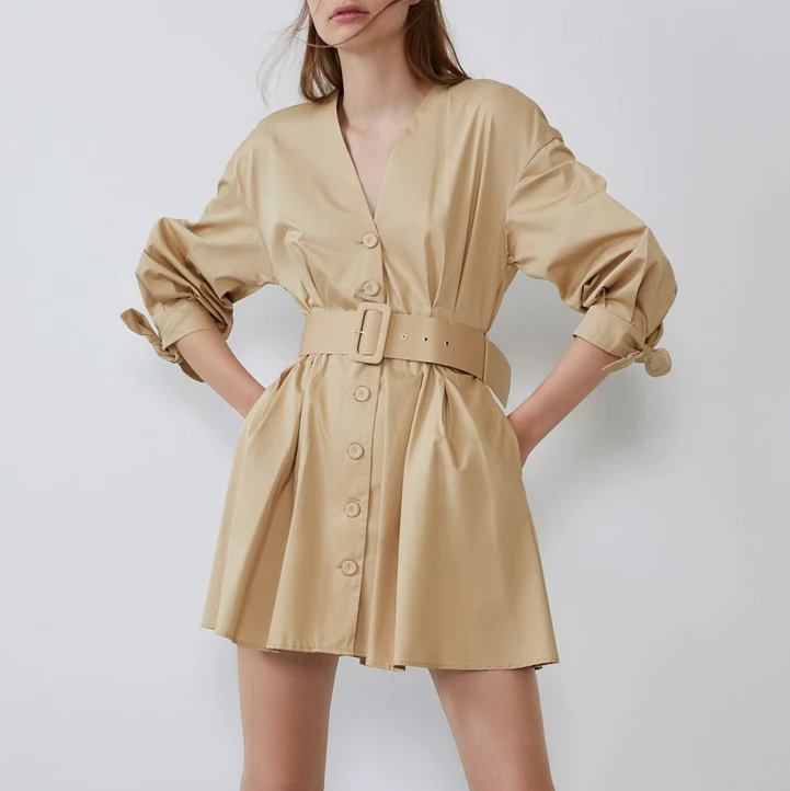 

2019 Autumn New Sashes Khaki Women Dress Office Lady Solid V-neck Three Quarter Button Pocket Bow Grace Mini Dress