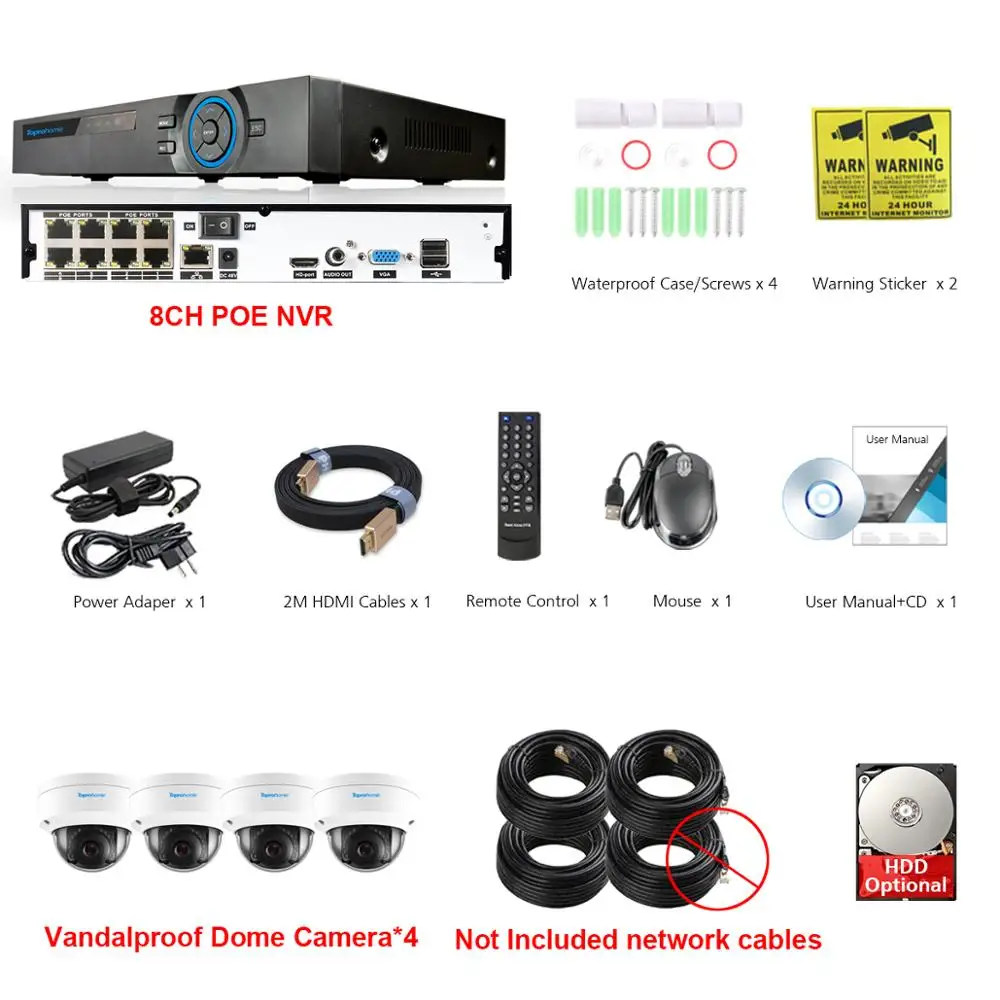 TOPROHOIME H.265+ 8CH POE NVR комплект 48 В 2MP 1080P VandalProof аудио запись звук камеры безопасности 2MP камера ночного видения - Цвет: 4 Camera No Cables