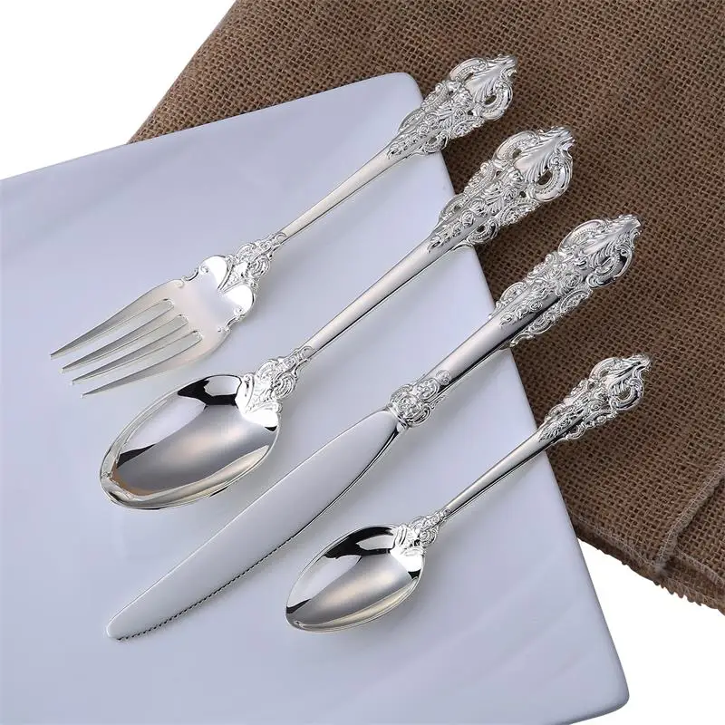 

24Pcs Wedding Luxury Silver Cutlery Set Silverware Western Royal Tableware Silver Dinnerware Dinner Fork Knife Christmas Gift