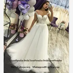 Шикарное прозрачное кружевное свадебное платье, аппликация с открытыми плечами, Белый Тюль, длинное ТРАПЕЦИЕВИДНОЕ ПЛАТЬЕ, свадебные