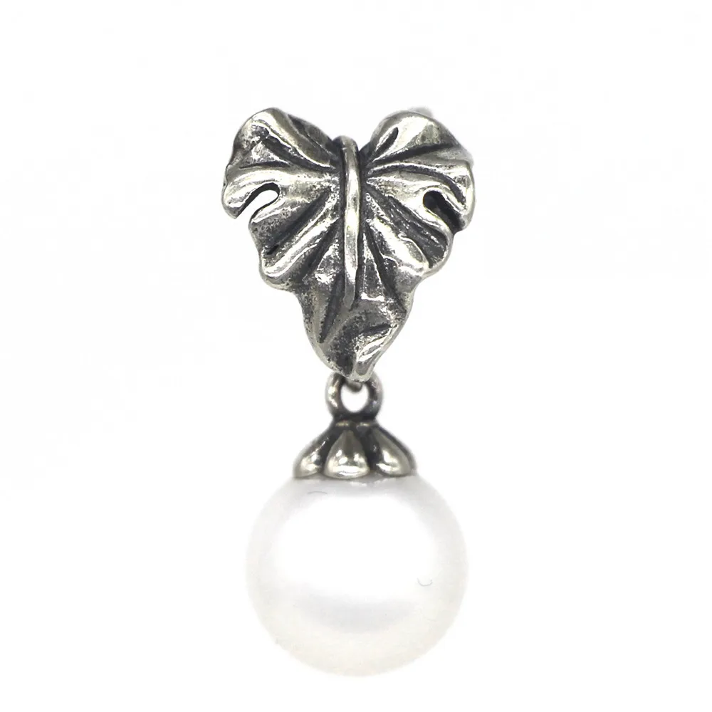 Round White Mistletoe 925 пробы серебро урожая болтаются Шарм с натуральным пресноводным жемчугом европейские ювелирные изделия - Цвет: Round White