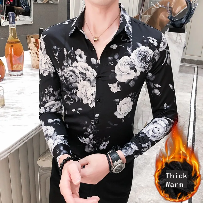 Chemise homme мода Осень Зима Толстая теплая рубашка мужская с длинным рукавом цифровая печать уличная рубашка с цветочным принтом смокинг для мужчин 3XL-M