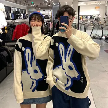 

Fall / Winter 2020 New Korean Couple Half-High Collar Thicken Knitting Animal Print Loose Casual Sweater