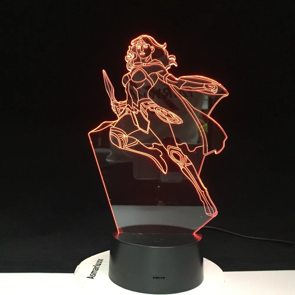 Чудо-Женщина Лига Справедливости цвета меняются с дистанционным питанием от батареи 3D иллюзия дропшиппинг светодиодный ночной Светильник 3D лампа 3416