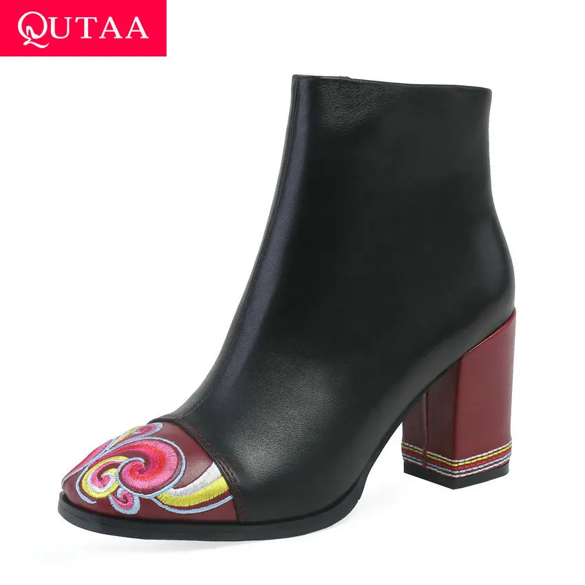 

QUTAA 2020 Genuine Leather Zipper Autumn Winter Women Shoes Fashion Mixed Color Embroidery Square Toe Ankle Boots Size 34-39