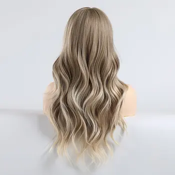 Inhaircube 24‘’Women Synthetic Wigs Long Wavy Ombre Brown Blond with Fluffy Air Bangs Light Hair Free Shipping 6