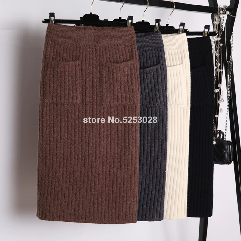 Women Skirt Elegant Ladies Back Slit Midi Pencil Skirt High Waist Pockets Casual Knitted Winter Skirt Jupe Femme Skirts Womens