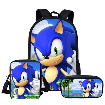 

ELVISWORDS Boys Cartoon School Bags 3pcs/set Sonic the Hedgehog Printing School Backpack for Teenager Girls Kids Student Bookbag