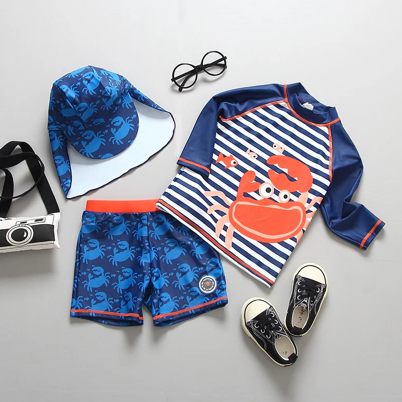 UPF50+ детская одежда для плавания для мальчиков, костюм для плавания из трех предметов с принтом краба, купальные костюмы с длинными рукавами для мальчиков