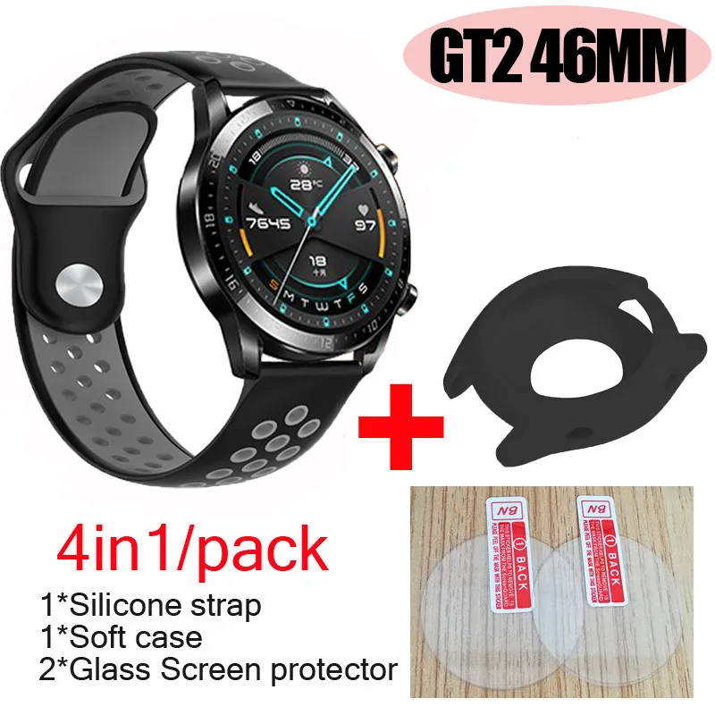 4в1 упаковка для huawei Watch GT2 46 мм ремешок силиконовый Смарт-часы ремешок мягкий ремень с чехол оболочка+ стекло Защита экрана