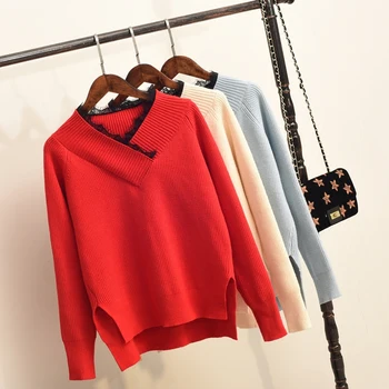 

Sweater V-neck Knitwear Pullover Red Base with Lace Candy Color Women's Loose Spring Autumn Winter Jersey Jumper Pull Femme