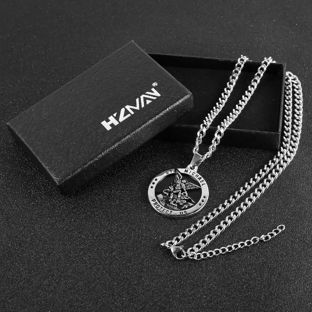 HZMAN St Майкл Archangel Католическая Медаль из нержавеющей стали амулет кулон ожерелье 22+ " Rolo цепь