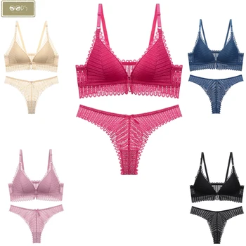 

Sexy Lace Wireless Front Closure Bras Thong Underwear Set For Women Lingerie Comfort Push Up Bra Backless Bralette