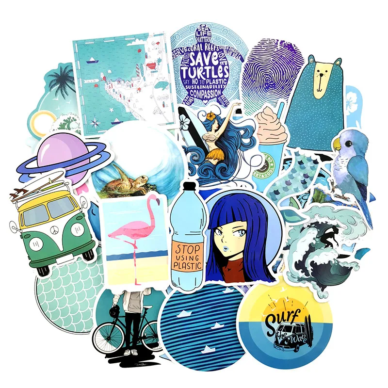 100Pcs Cartoon Cure Blue Summer Nautical Travel Graffiti Vsco Style Stickers For Motor Luggage Laptop DIY Waterproof Stickers