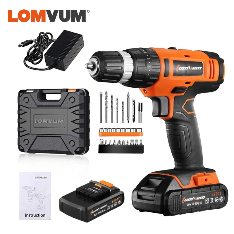 Аккумуляторная ударная дрель LOMVUM многофункциональная 20 в аккумулятор 1500 мАч