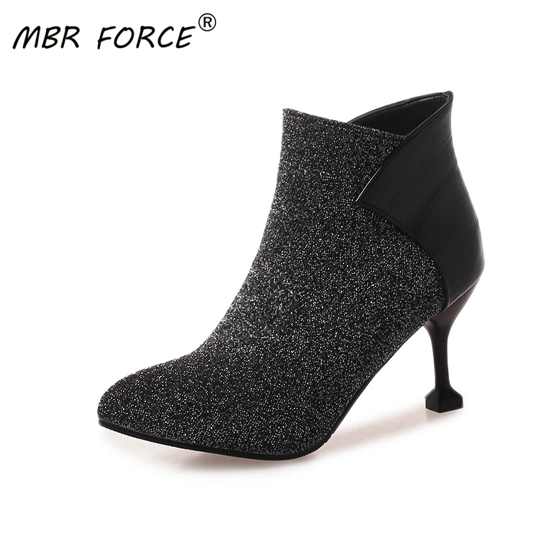 

MBR FORCE Women Suede Ankle Boot High Stiletto Heel Side Zip Pointed Toe Party Work Outdoor Shoe Fine Heel Fashion Silver Black
