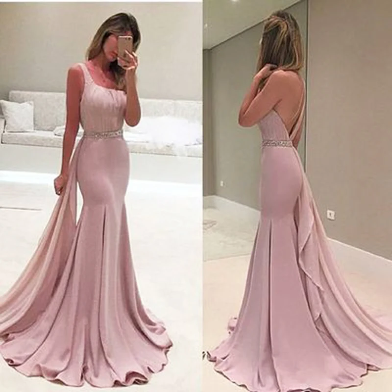 

2020 Pink Mermaid Evening Dresses Sleeves Beading Belt Dubai Saudi Arabic Formal Evening Gown Prom Dress Robe de Soiree