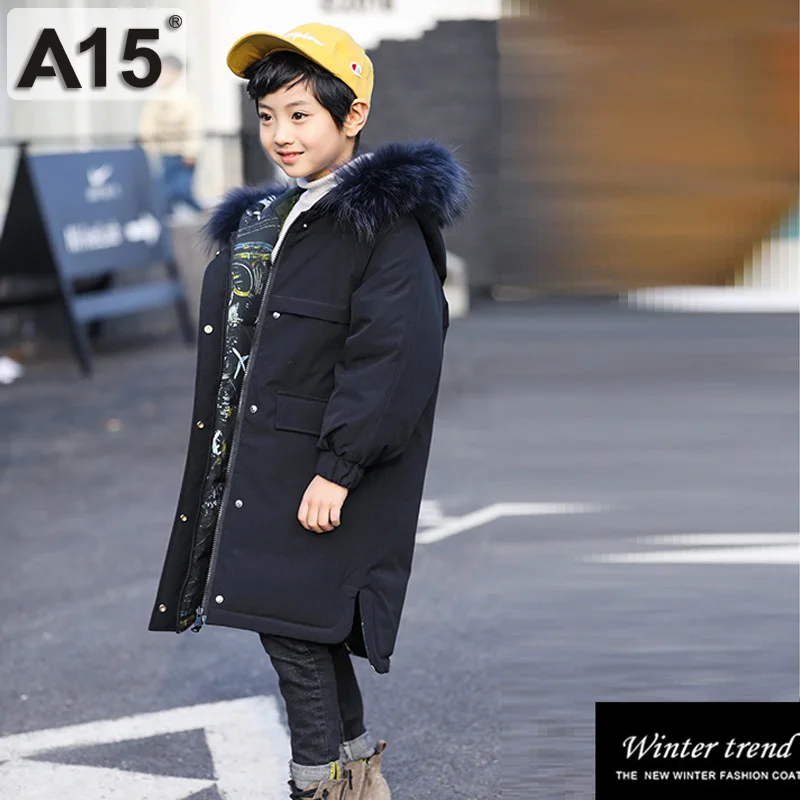 Длинная куртка-пуховик с капюшоном для мальчиков 6, 8, 10, 12, 14 лет, зимнее пальто для больших мальчиков, зимние куртки для детей-подростков, детские пальто, A15 - Цвет: K38-9986Black