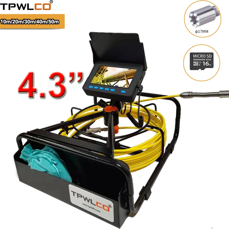 

TP9604B 4.3inch LCD Monitor Industrial Pipe Drain Video System With 16GB SD Card DVR 17mm Sewer Endoscope Camera 10-50m Cable