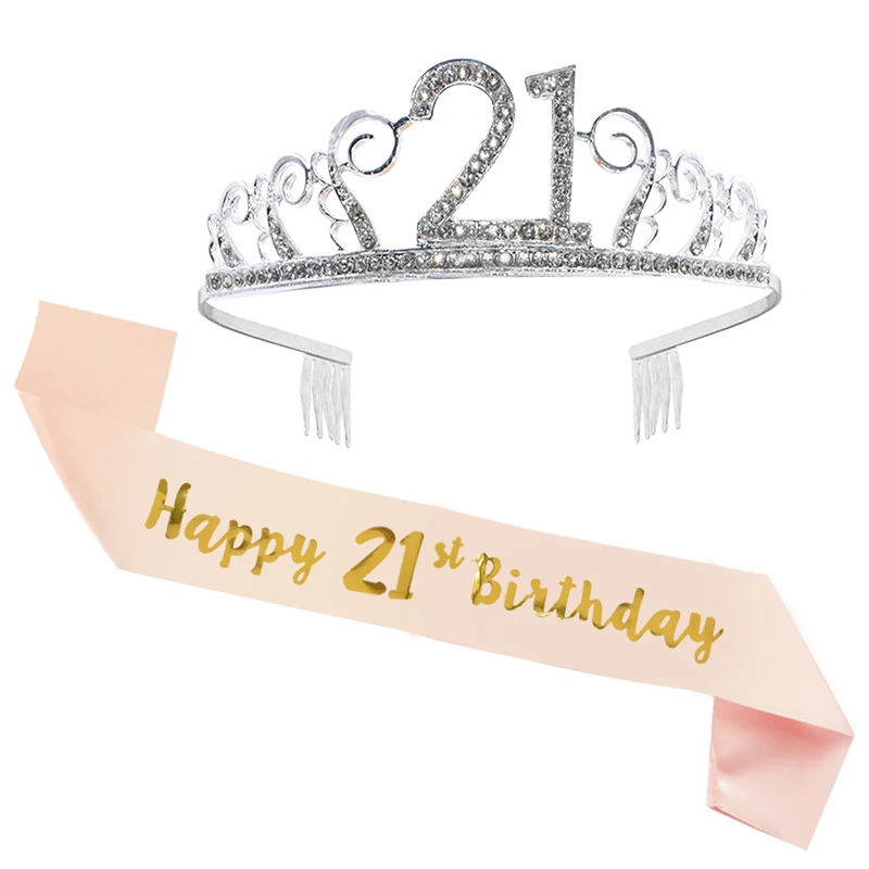 Gold Silver Glitter Birthday Sash Rhinestone Tiara 18th Crystal Crown Birthday Queen Satin Ribbon Sash For Birthday Party Decor