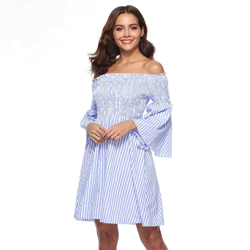 

Sexy Off Shoulder Party Mini Dresses Elegant Vintage Stripe Lantern Long Sleeve Summer Holiday Style Beach Boho Dress Vestidos