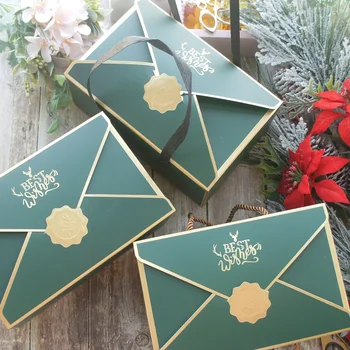 

21.5*14*8cm 10pcs Gold Christmas Green Best Wish Envelop Paper Box for Candy Cookie Chocolate Macaroon Gift Packaging Use