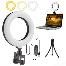 

Desktop Makeup Fill Light LED Video with USB Plug TikTok Live Streaming Ring Light with Clamp Mount Tripod 3 Color Adjustable