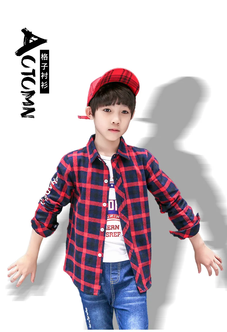 Детская одежда; коллекция года; Детская осенняя одежда; стиль; модная клетчатая рубашка в Корейском стиле с буквенным принтом для мальчиков