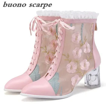 

Women's pink lace sandals leather mesh embroidered sandals breathable transparent crystal thick with national wind shoes