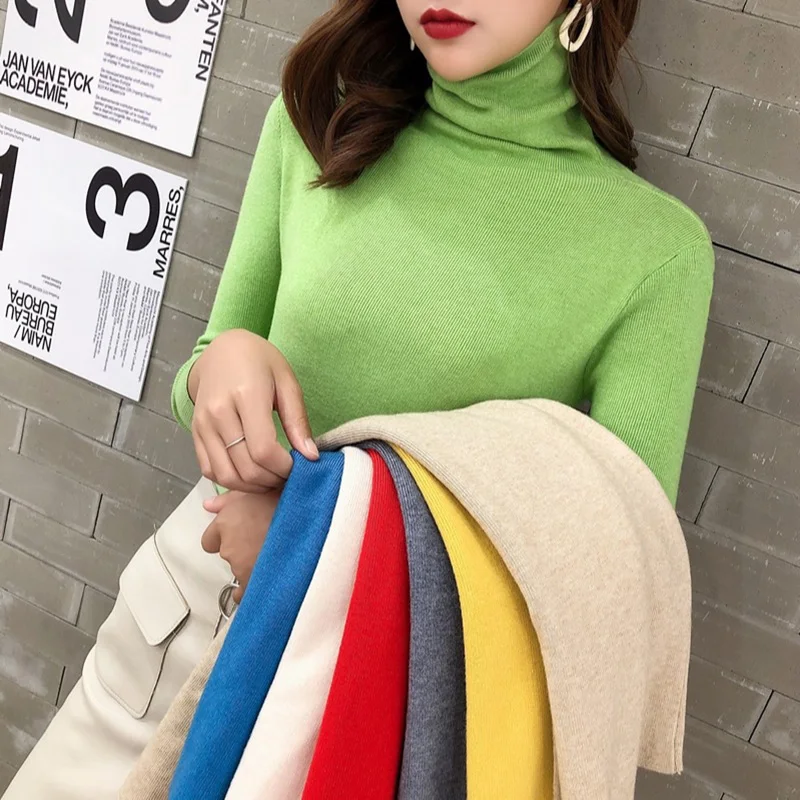 

Autumn Winter Woman Sweaters Long Sleeve Pullovers Female Turtlenecks Solid Color Warm Jumpers Knitted Clothing