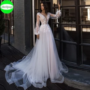 2021Wedding Dress Boho Vestidos De Novia Sexy Long Lantern Sleeve V-Neck Lace Appliques Button Sweep Train Bride Gown Trouwjurk