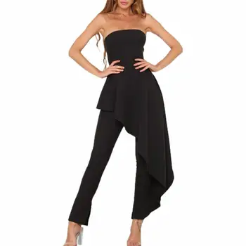 

Sexy & Club Style Off Shoulder Strapless Woman Black Jumpsuits Elegant Peplum Ruffles Details Back Zippers Night Out Jumpsuit