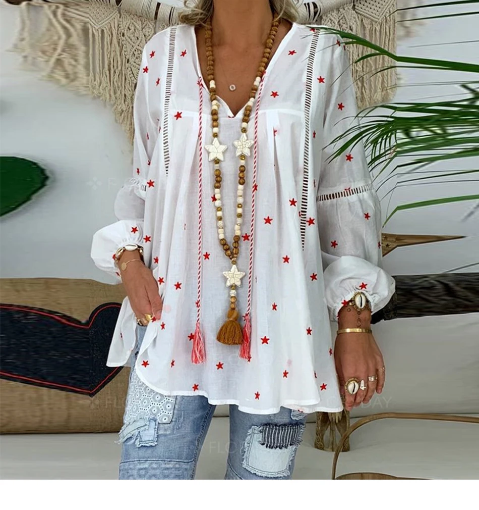 Star Print Plus Size Womens Tops And Blouses Spring Casual Hollow out  Long Sleeve Tunic Female V Neck Loose Blouses Shirts