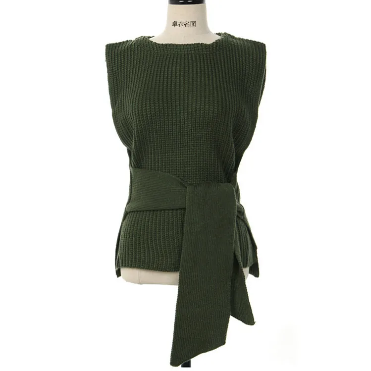 ink green New Arrival Lace Up Sleeveless Pullover Women Knitted Sweater Solid Office Lady Vest Fashion Casual Female Sweaters Vest DS50856 - Цвет: ink green