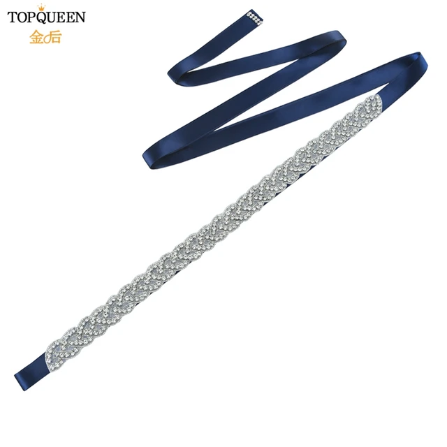 TOPQUEEN S216 Women's Rhinestones Belt Handmade Wedding Dresses Belt Marriage Bridal Ribbion Belts Wedding Bride Sash Party Belt Navy blue ribbon