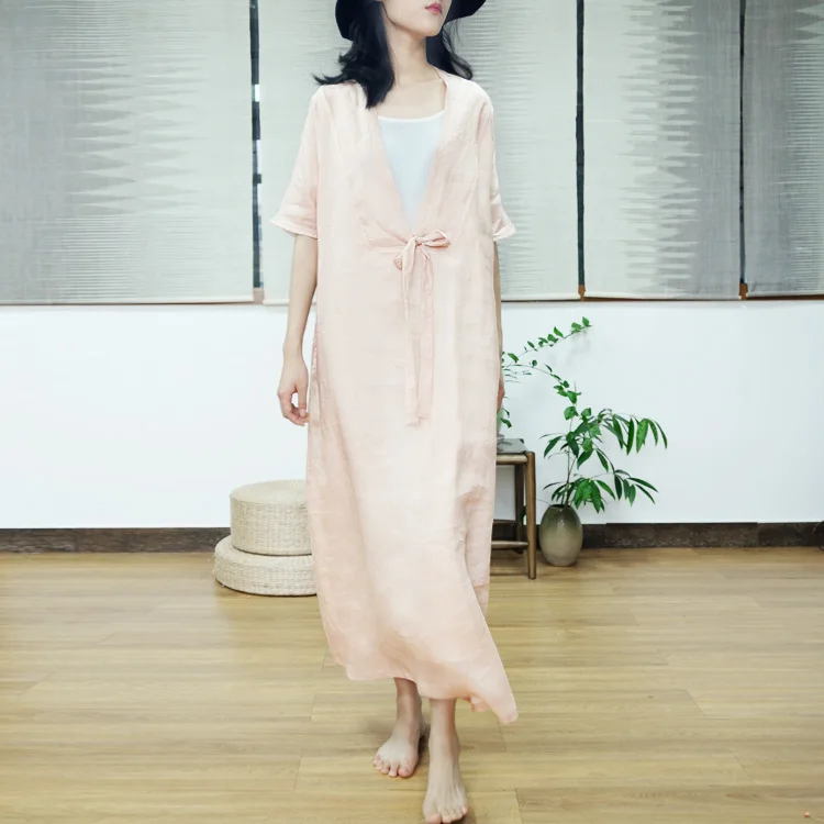 Vestidos Новое Женское летнее платье с глубоким v-образным вырезом и бантом, с коротким рукавом, легкие длинные платья из ткани рами, милое пляжное платье